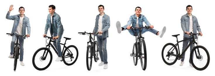 Image of Young man with bicycle on white background, collage of photos