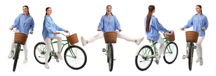 Image of Young woman with bicycle on white background, collage of photos
