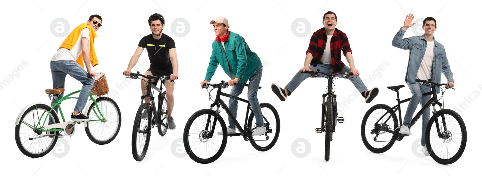 Young man with bicycle on white background. Collection of photos Image of Young man with bicycle on white background. Collection of photos