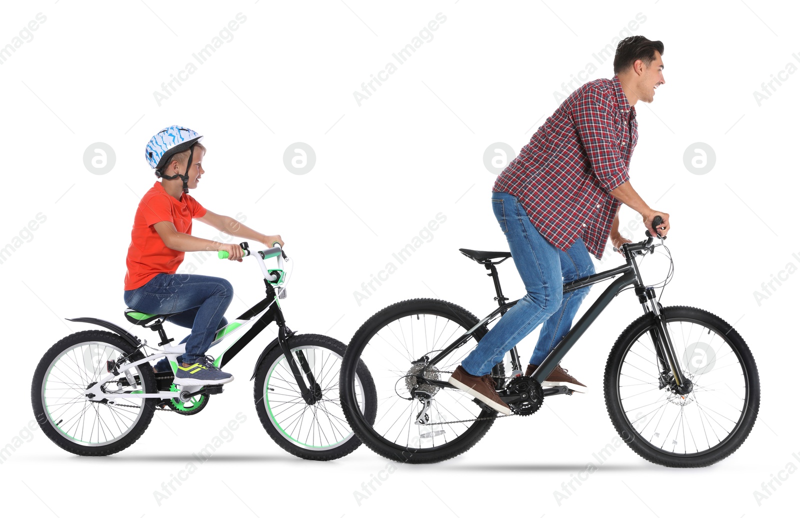 Man and little boy riding bicycles on white background Image of Man and little boy riding bicycles on white background