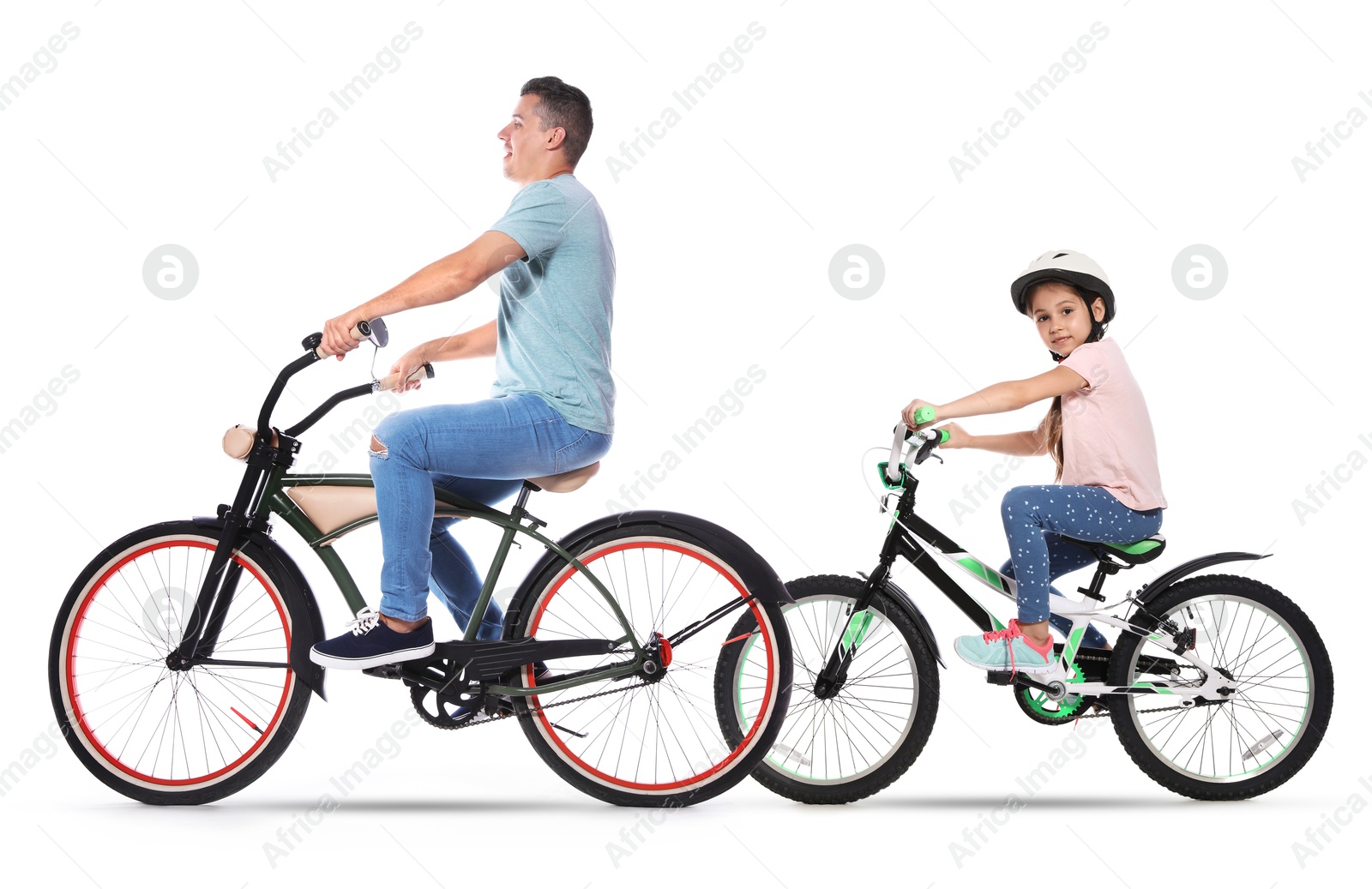 Man and little girl riding bicycles on white background Image of Man and little girl riding bicycles on white background