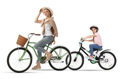 Image of Woman and little girl riding bicycles on white background