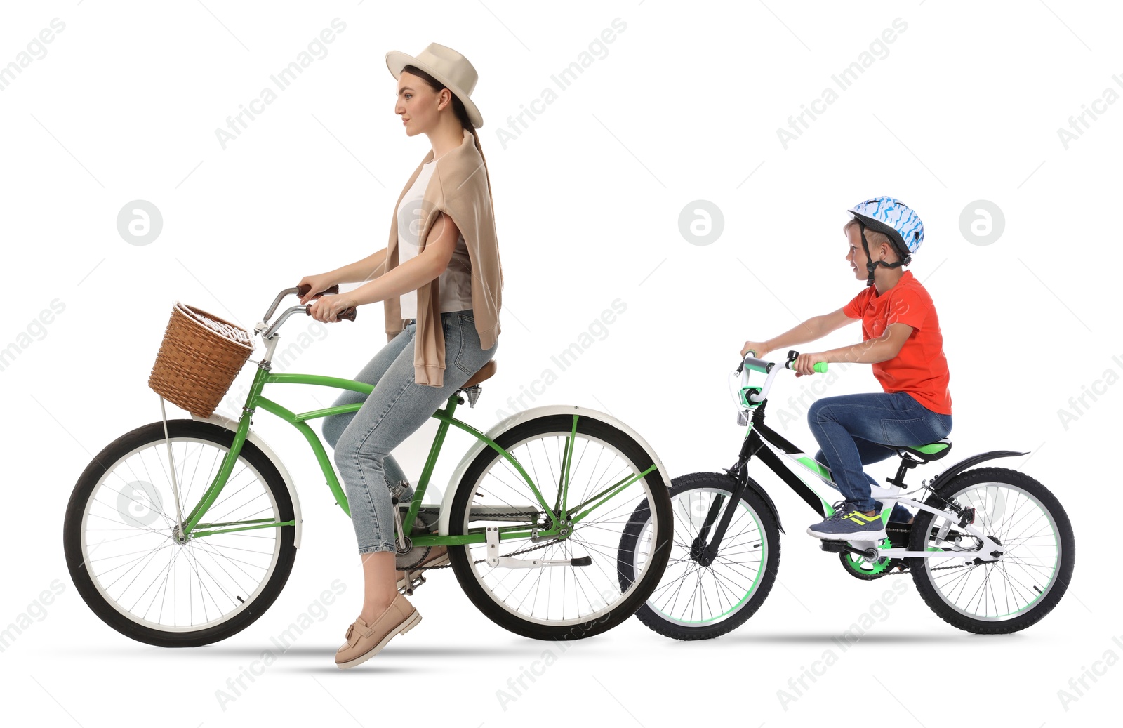 Woman and little boy riding bicycles on white background Image of Woman and little boy riding bicycles on white background