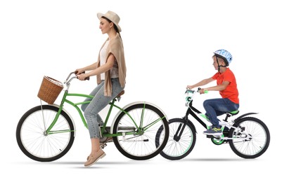 Image of Woman and little boy riding bicycles on white background