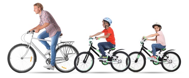 Image of Man and children riding bicycles on white background