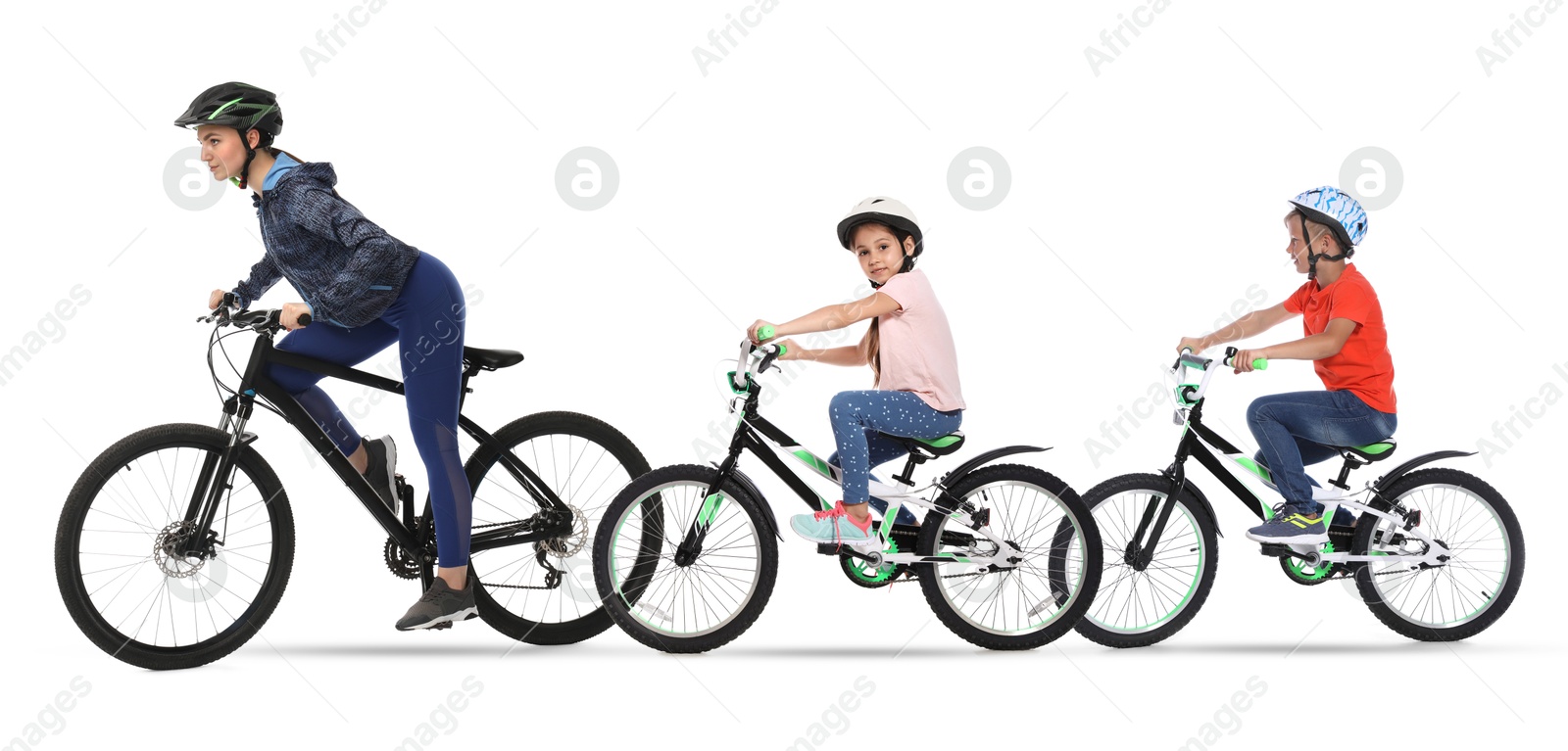 Image of Woman and children riding bicycles on white background