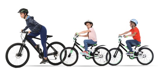 Image of Woman and children riding bicycles on white background