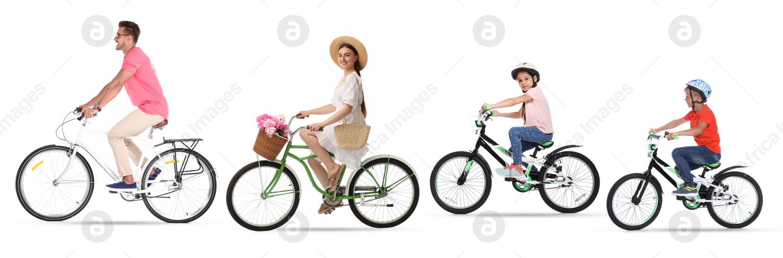 People riding bicycles on white background. Collection of photos Image of People riding bicycles on white background. Collection of photos