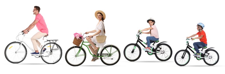 Image of People riding bicycles on white background. Collection of photos