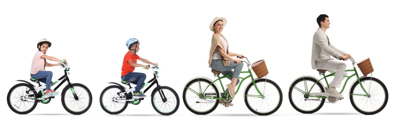 Image of People riding bicycles on white background. Collection of photos