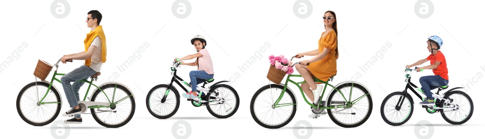 People riding bicycles on white background. Collection of photos Image of People riding bicycles on white background. Collection of photos