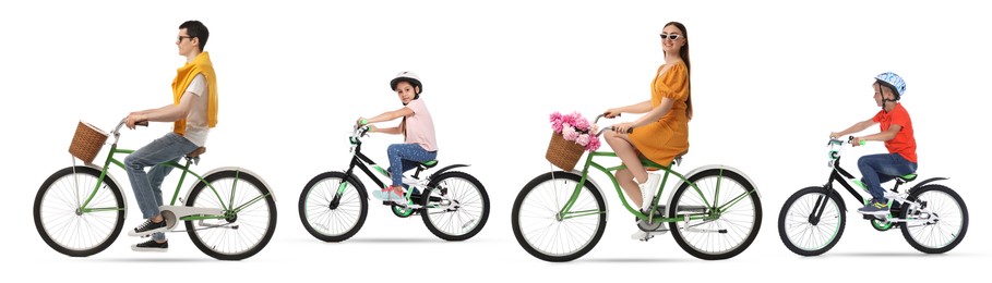 Image of People riding bicycles on white background. Collection of photos
