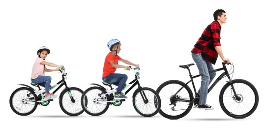 Image of Man and children riding bicycles on white background