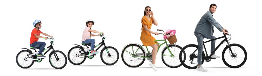 Image of Group of people riding bicycles on white background