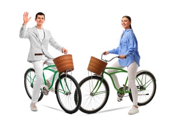 Image of Handsome man and beautiful woman riding bicycles on white background