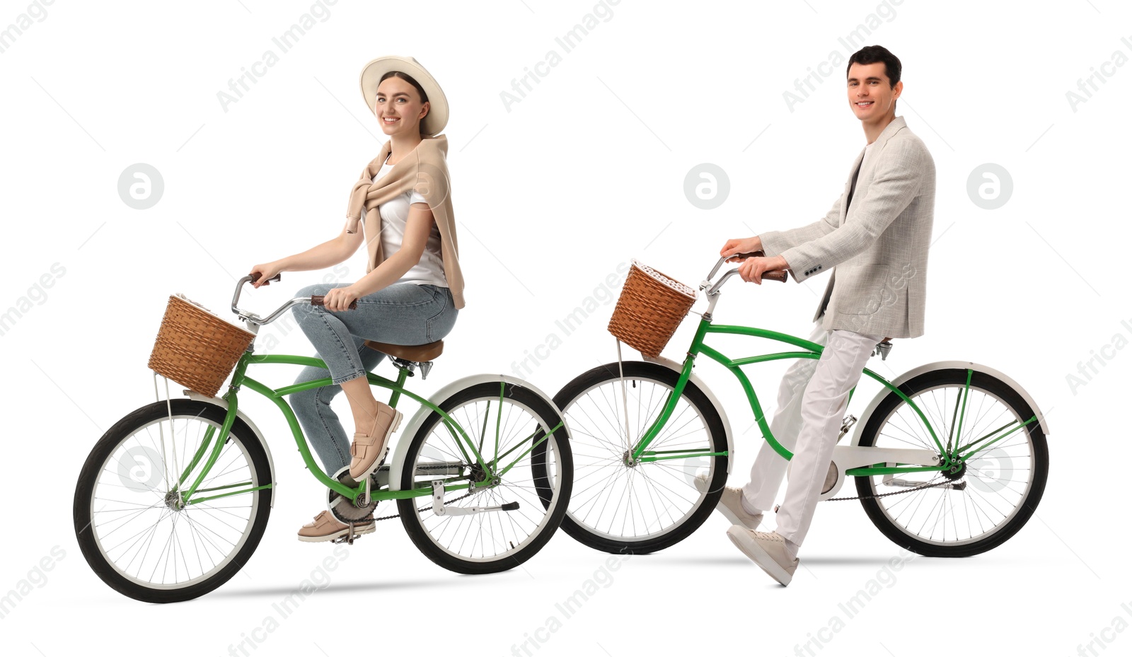 Handsome man and beautiful woman riding bicycles on white background Image of Handsome man and beautiful woman riding bicycles on white background