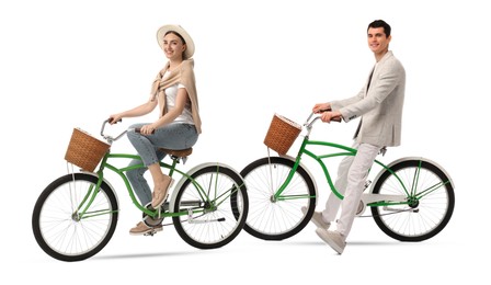 Image of Handsome man and beautiful woman riding bicycles on white background