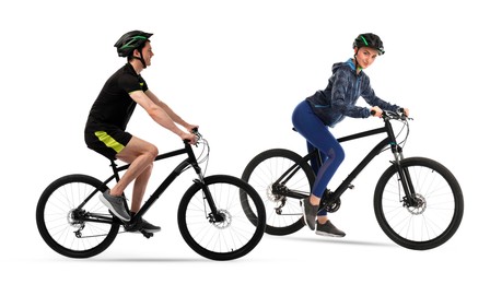Image of Sportsman and sportswoman riding bicycles on white background