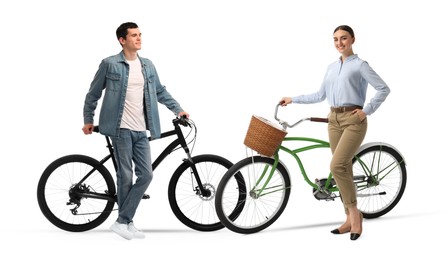 Image of Handsome man and beautiful woman with bicycles on white background