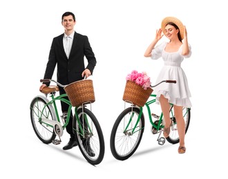 Image of Handsome man and beautiful woman with bicycles on white background