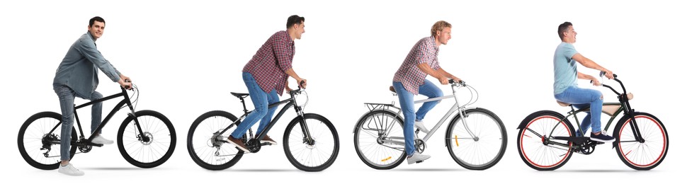 Image of Men riding bicycle on white background, collage of photos