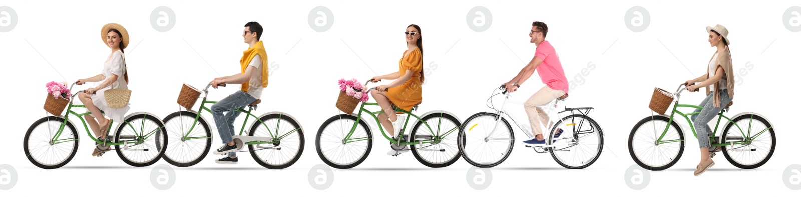 Image of People riding bicycles on white background. Collection of photos