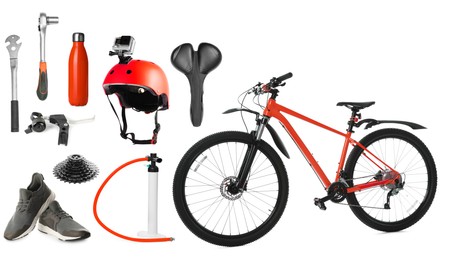 Image of Bicycle, its parts and accessories on white background, collage