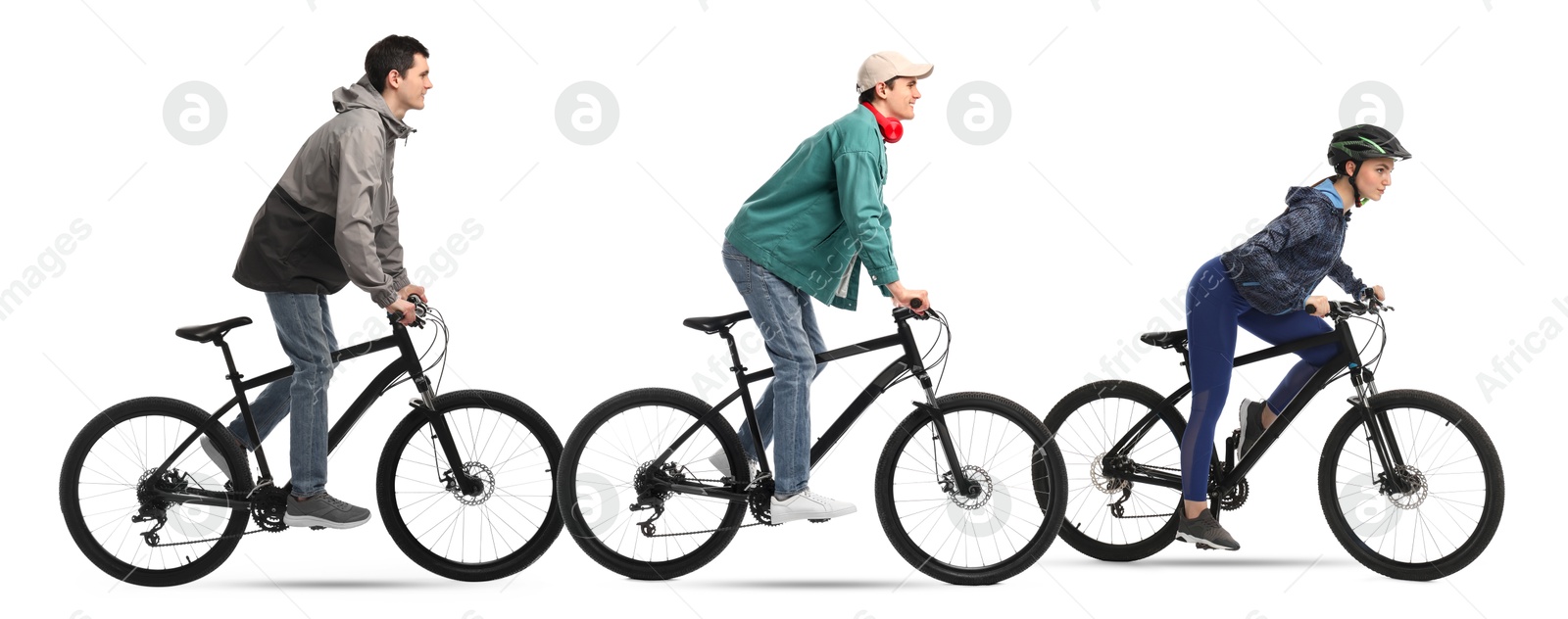 Image of Young man and woman riding bicycles on white background, collage