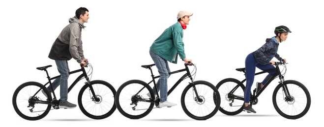 Image of Young man and woman riding bicycles on white background, collage