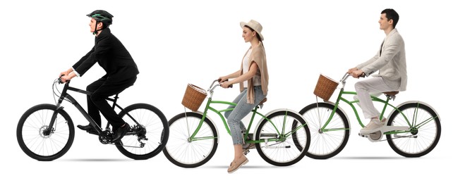 Image of Young man and woman riding bicycles on white background, collage