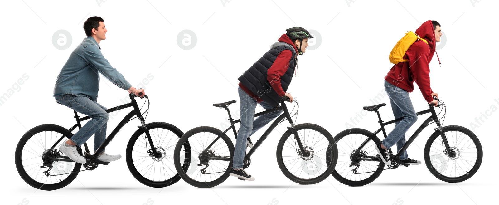 Young man riding bicycle on white background, collage of photos Image of Young man riding bicycle on white background, collage of photos
