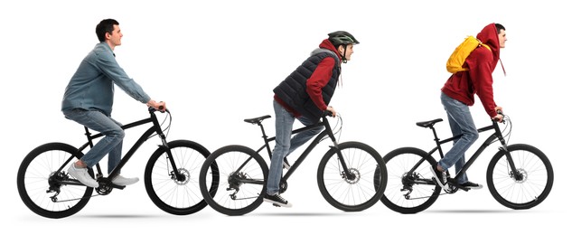 Image of Young man riding bicycle on white background, collage of photos