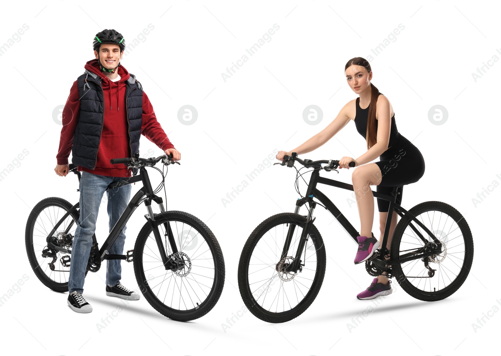 Young man and woman with bicycles on white background Image of Young man and woman with bicycles on white background
