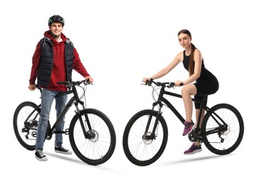 Image of Young man and woman with bicycles on white background