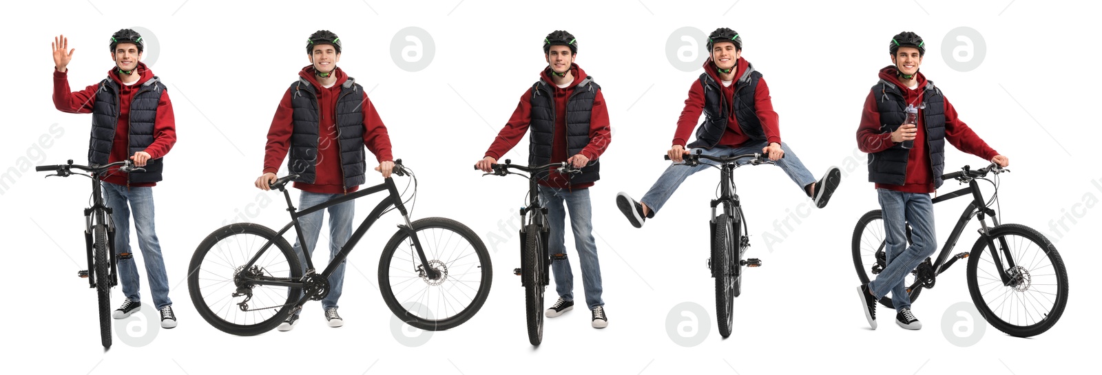 Image of Young man in helmet with bicycle on white background, collage of photos