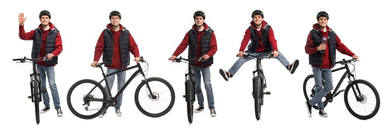 Image of Young man in helmet with bicycle on white background, collage of photos