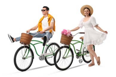 Image of Handsome man and beautiful woman with bicycles on white background