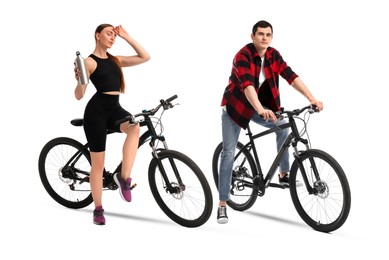 Image of Young man and woman with bicycles on white background