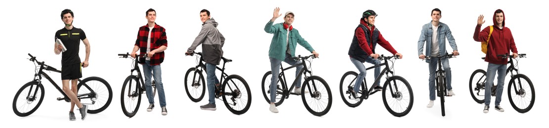 Image of Young man with bicycle on white background. Collection of photos