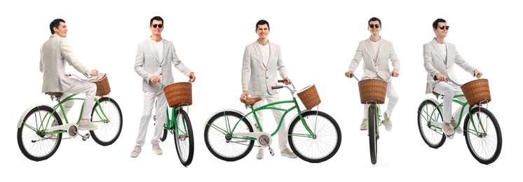 Image of Young man with bicycle on white background, collage of photos