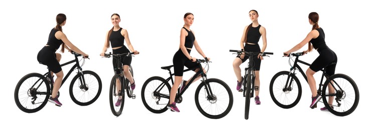 Image of Sportswoman riding bicycle on white background, collage of photos