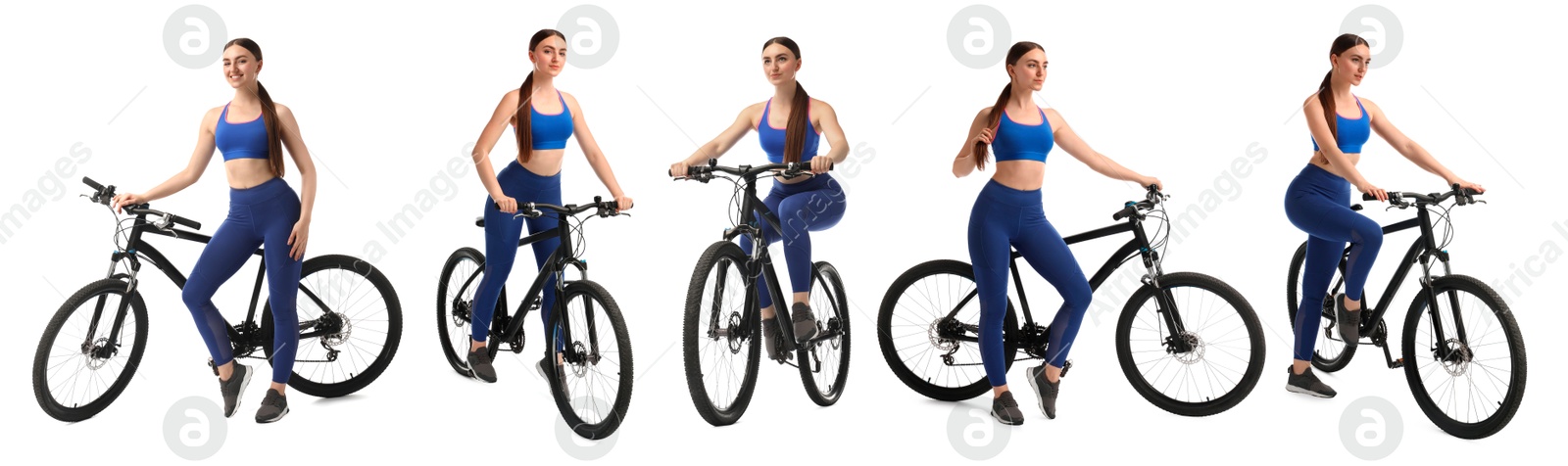 Image of Sportswoman with bicycle on white background, collage of photos