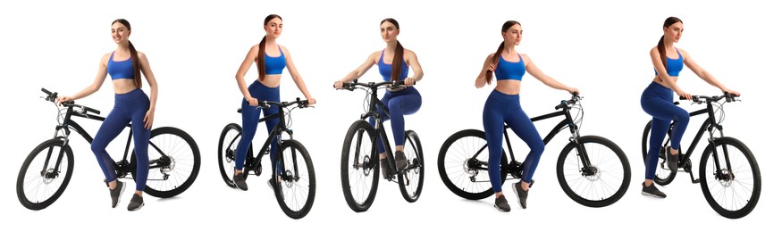 Image of Sportswoman with bicycle on white background, collage of photos