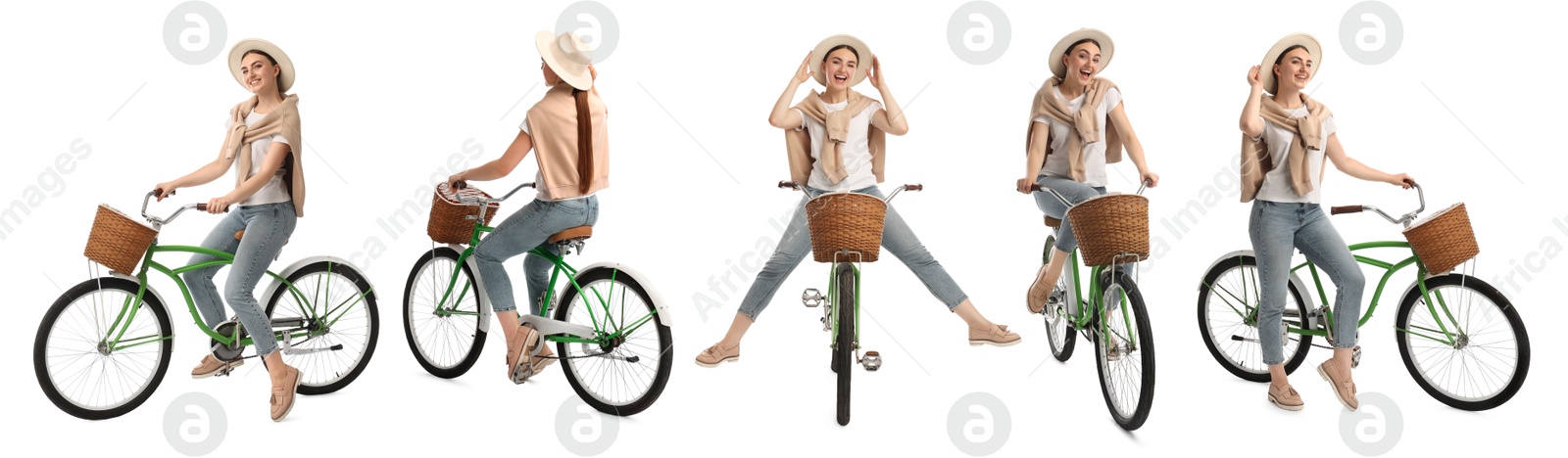 Image of Beautiful woman with bicycle on white background, collage of photos