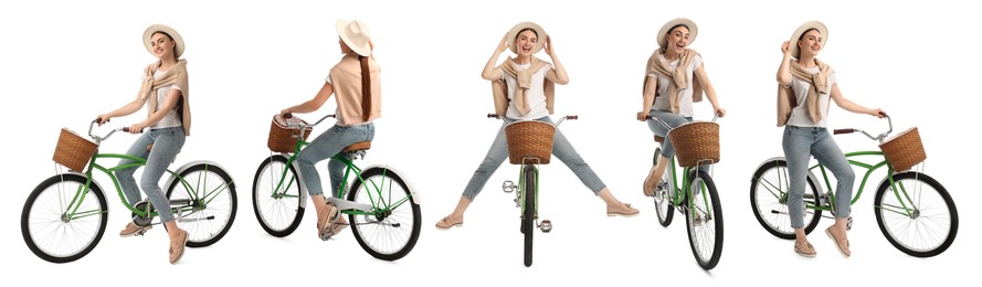 Image of Beautiful woman with bicycle on white background, collage of photos