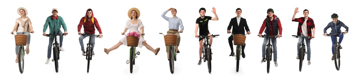 Image of Young man and woman riding bicycles on white background. Collection of photos
