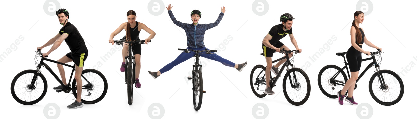 Image of Sportsman and sportswoman with bicycles on white background. Collection of photos
