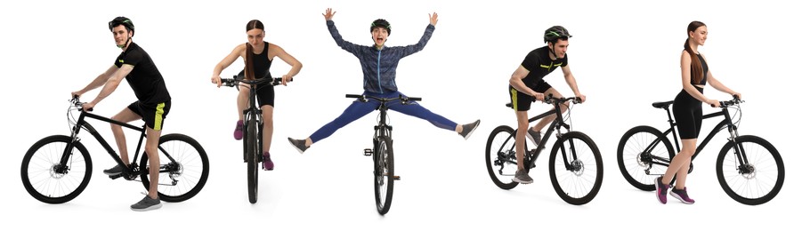 Image of Sportsman and sportswoman with bicycles on white background. Collection of photos