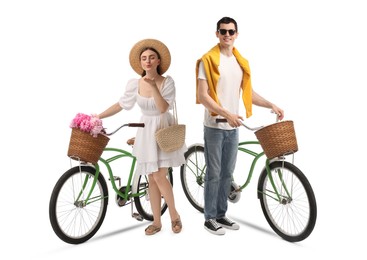 Image of Handsome man and beautiful woman with bicycles on white background