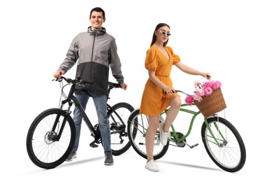 Image of Handsome man and beautiful woman with bicycles on white background